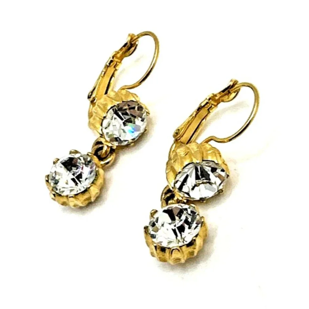 Vintage Bijoux Tempo Crystal Rhinestone Dangle Earrings Gold Tone Pierced 1.5”